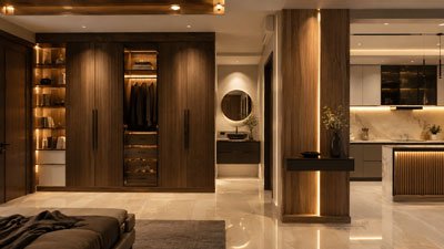 Luxury Indian home interior with premium wooden wardrobe, wall panel and modular kitchen, warm ambient lighting and elegant modern finishes.